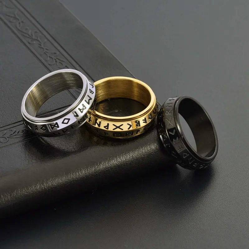 Unisex Stainless Steel Viking Rune Spinner Ring - Titanium Steel Artificial Gemstone Jewelry, Adults' Party Wear Accessory, Men's Jewelry, Rings for Women, Cool Gifts for Boyfriend