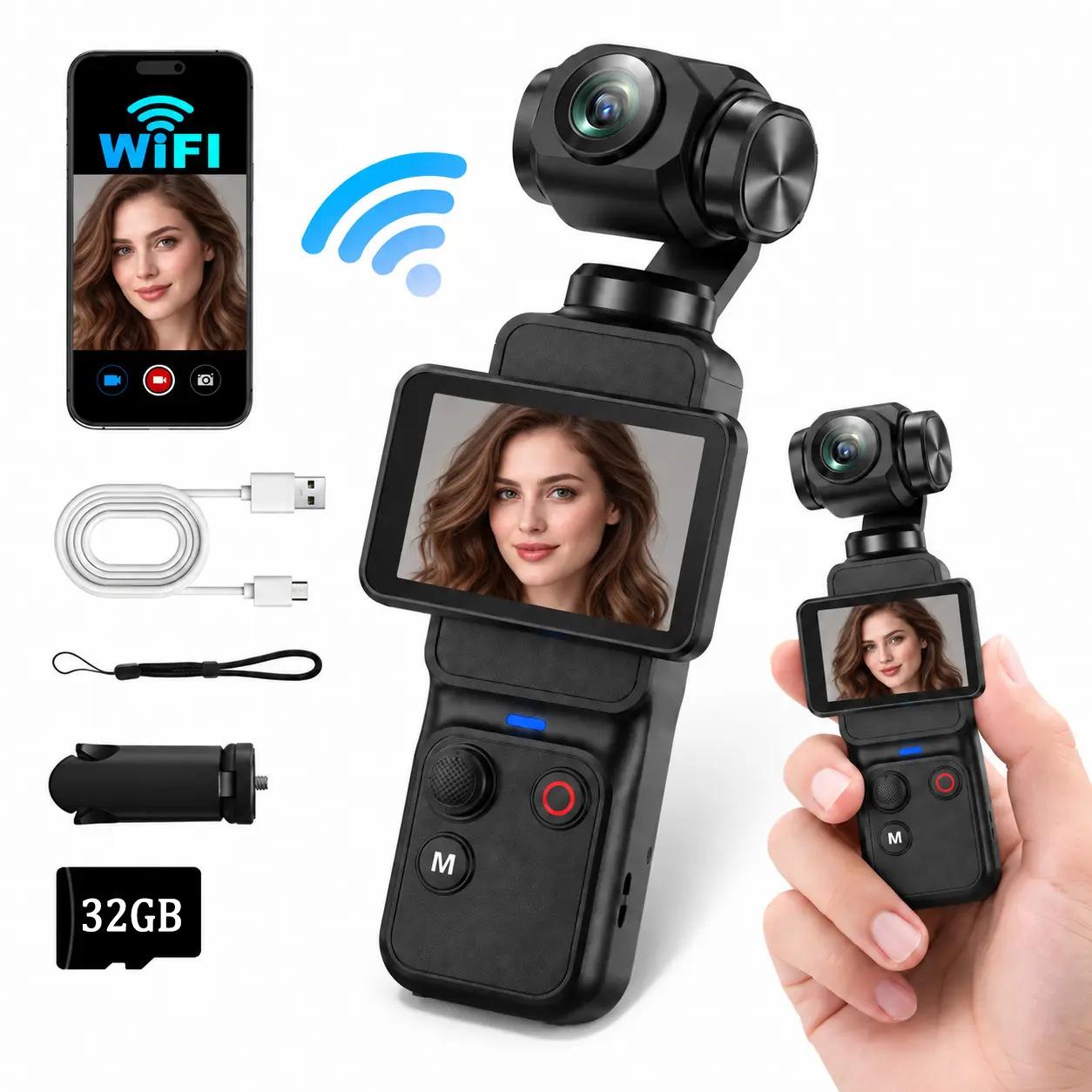W&O 5K Vlogging Camera with WiFi Transfer, Mini Camcorder, 13MP Camera with Face Tracking, 2-Axis Pan Tilt Gimbal, Rotating Touchscreen, WiFi App, Small Camera for Photography, Travel & Beginner Creators