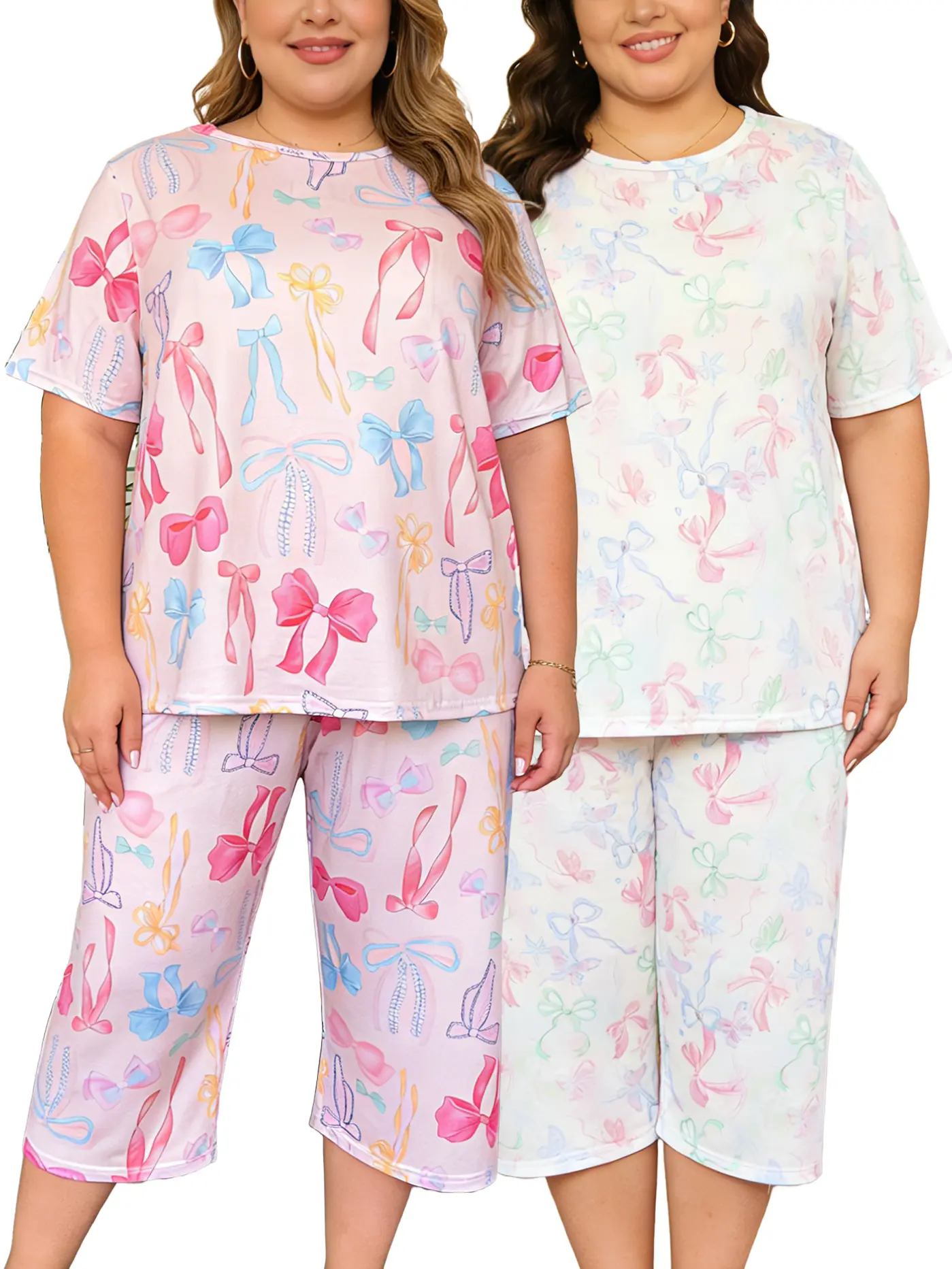 Plus Size Cute Pajama Set, Feminine Pastel Bow Print 2-Piece Loungewear with a Comfortable Short Sleeve Top and Matching Capri Pants, Shortsleeve, Cute Pajamas