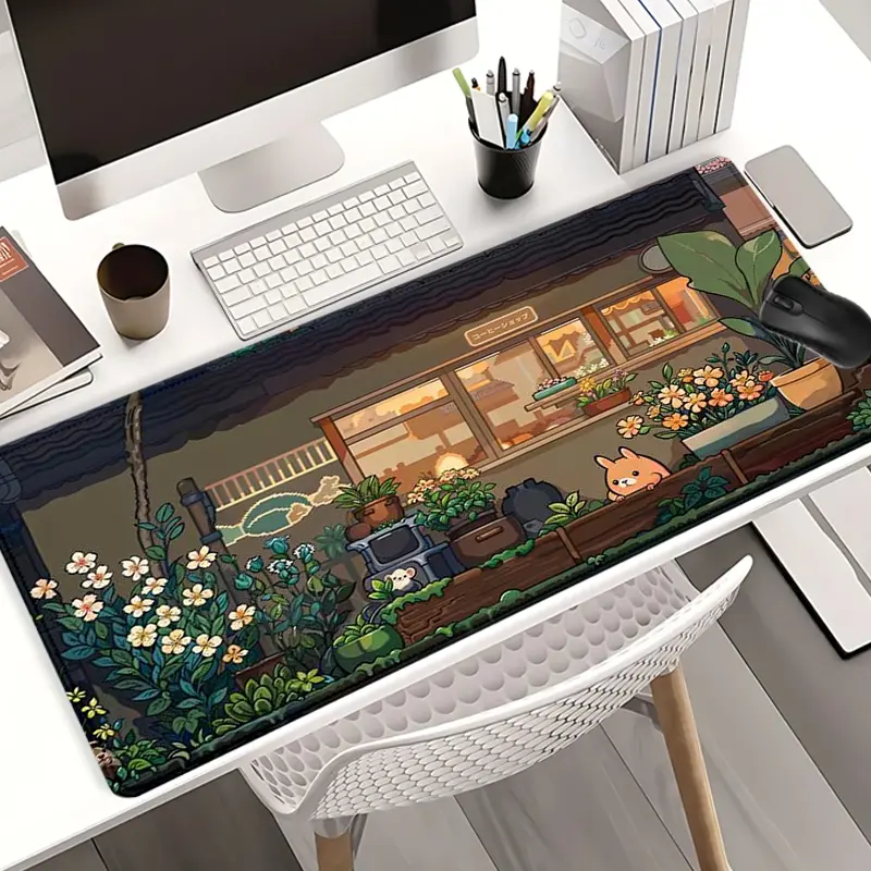 Extra Large Cozy Pixel Art Mouse Pad Japanese Cafe Gaming Desk Pad Gaming Desk Accessory 35x16 Inch Computer Keyboard Mousepad with Non-Slip Rubber Base Durable Stitched Edge Perfect Gift for Home and Office Cute Office Desk Accessories