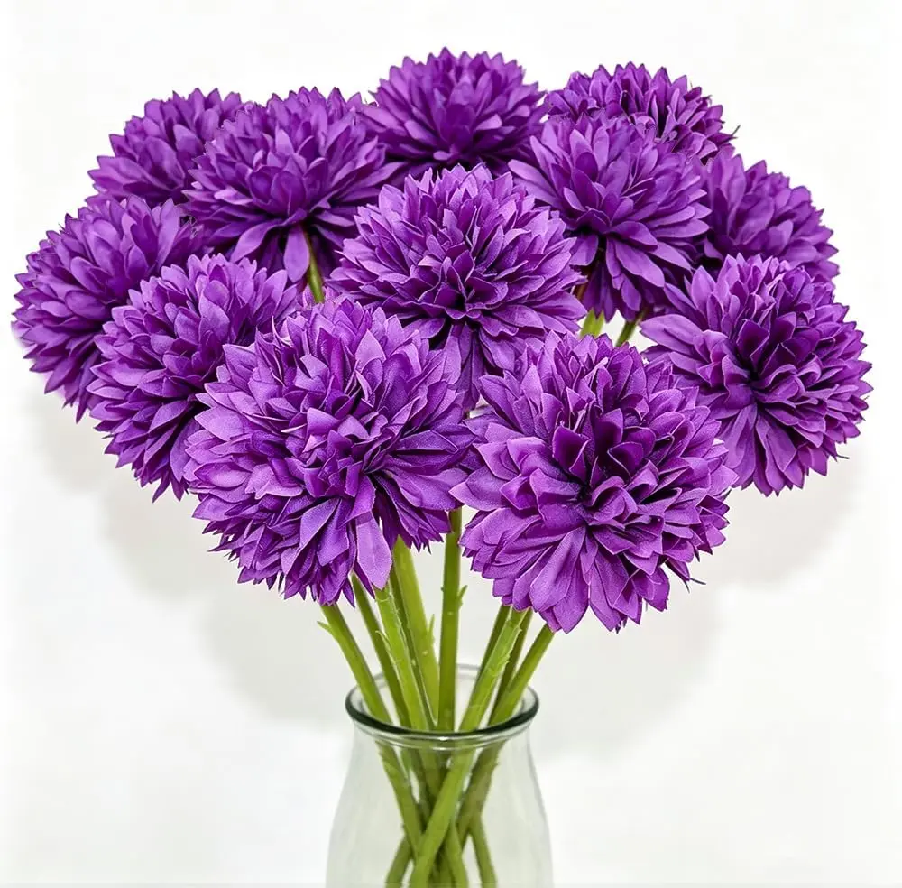 #homeessentials 12-Pcs Purple Faux Silk Ball Chrysanthemum Bouquet - Artificial Floral Arrangements with Lifelike Blooms, Floral Decor for Bedroom Home Centerpieces, Wedding & Holiday Decor (Multiple Colors Available)