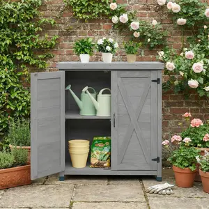 [Fahuac] Outdoor Wood Potting Bench with Storage Cabinet and Metal Table Top, Weatherproof Garden Workstation Tool Table for Patio Deck Balcony