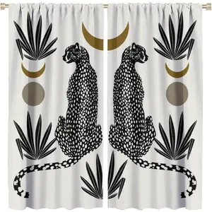 60"W x 72"L Vintage Leopard Curtains, Beige Tropical Leaves Wildlife Moon Phase Seamless Pattern Drapes, Thermal Insulation Blackout Rod Pocket Window Treatments for Living Room Bedroom Bathroom