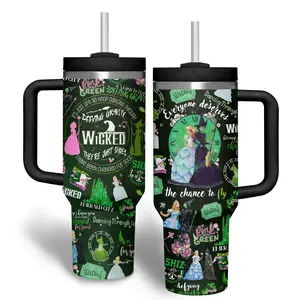 Wicked Musical 40oz Tumbler with Handle - "Defying Gravity" Emerald City Travel Mug - Elphaba & Glinda Fan Gift - Pink Goes Good With Green Aesthetic - Insulated Stainless Steel Cup with Straw