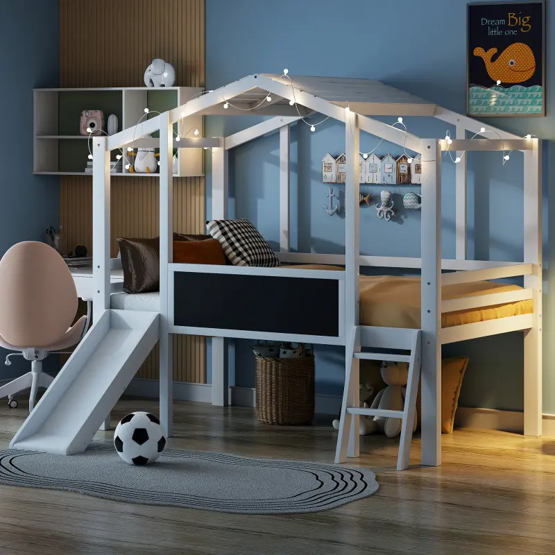 Twin Size Low Loft Bed with Slide, Ladder, House Bed with Blackboard and Light Strip on the Roof, No Box Spring Needed