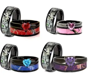 3 pc Camo Wedding Ring Set Heart Engagement Ring