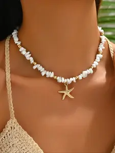 1 bead necklace with metal starfish pendant, suitable for women's daily and travel wear