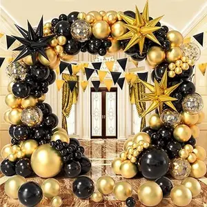 Black Gold Confetti Balloon Garland Arch Kit with  Star Balloons for Kids Birthday Anniversary Graduation New Year Party Decor Decoration Set Shiny