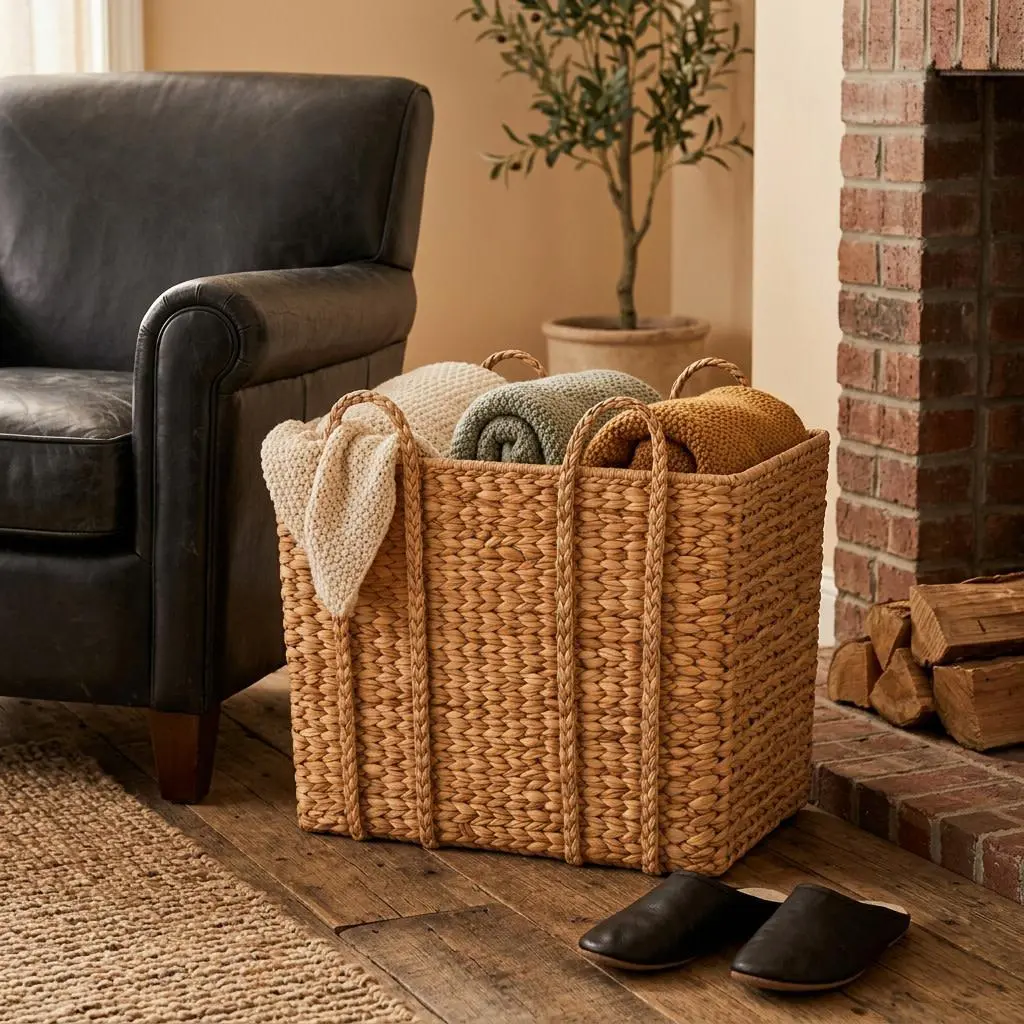Handmade Seagrass Woven Storage Basket with Braided Handles, Organizer Storage for Traditional Home Decor