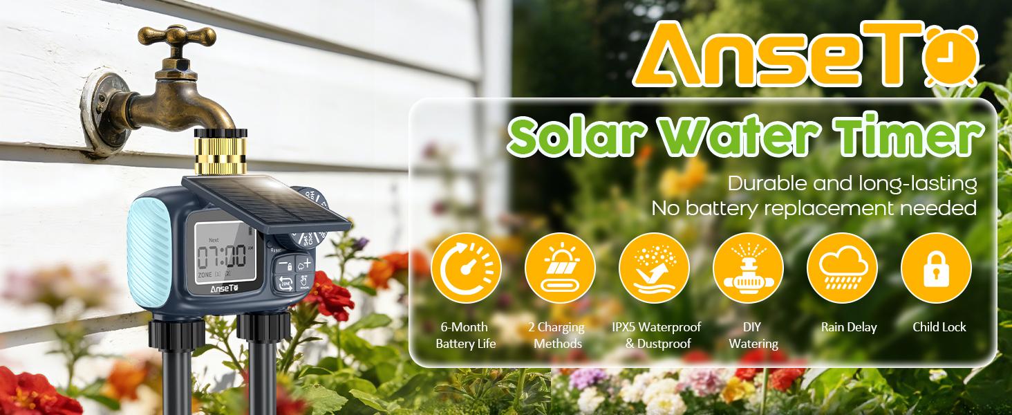 Solar Powered 2 Outlet Sprinkler Timer,Brass Inlet Programmable Garden Hose Timer with Rain Delay Auto Irrigation System,Plant Watering Devices,Garden Watering Timer