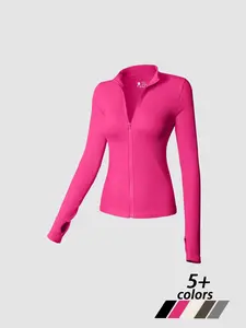 Women's Solid Color Ribbed Zipper Jacket, Casual Fall Winter Gym Wear Workout Clothes Women Yoga Jacket Top, Long Sleeve Drop Shoulder Design, Comfortable & Stylish, Zippered Jacket