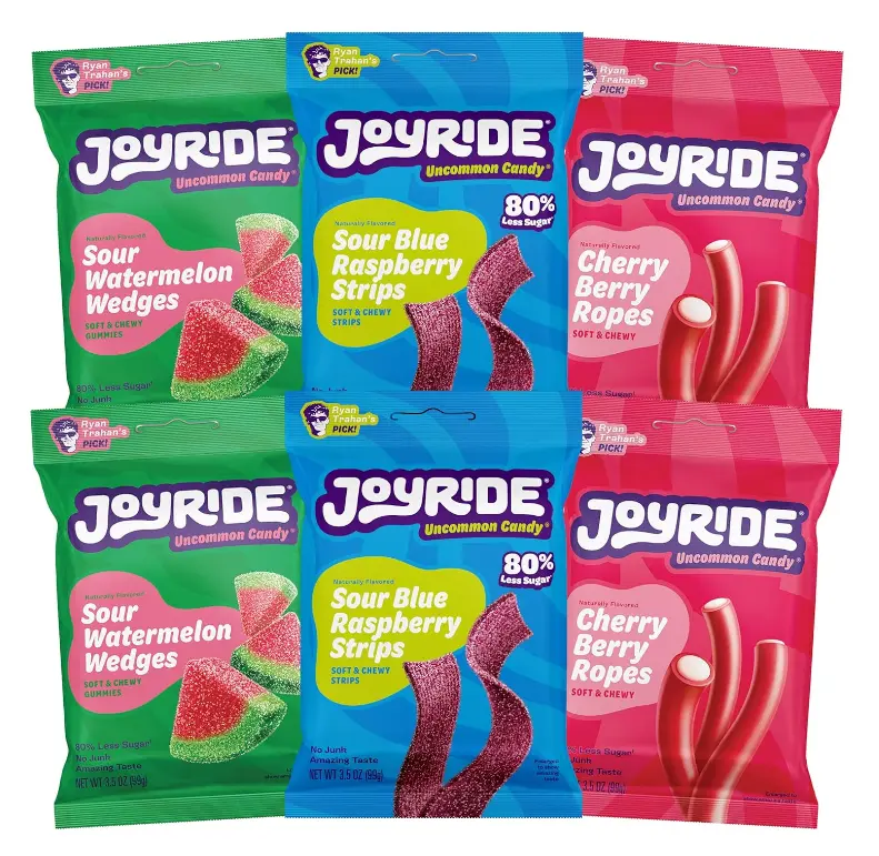 JOYRIDE Fan Favorite Variety 6 Pack - Blue Raspberry Strips, Cherry Berry Ropes, Watermelon Wedges, Low Calorie Gummy Candy, Low Sugar, Dye Free (6 Items)