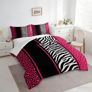 Vibrant Hot Pink Black Leopard Zebra Print Quilted Comforter Set,  Bold Patchwork Microfiber Bedding, Includes 1 Quilt & 1-2 Pillowcase, Edgy Animal Print Bed Linen, Stylish Teen Bedroom Decor for All Seasons