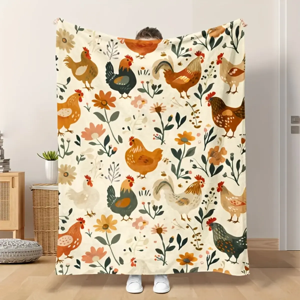 Vintage Illustration Chicken Blanket - Soft Warm Printed Farm-Themed Blanket with Chickens, Flowers, Plants, Birds - All Seasons Bedding Throw for Infants, Children, Valentine Gifts - Ideal for Home Decoration