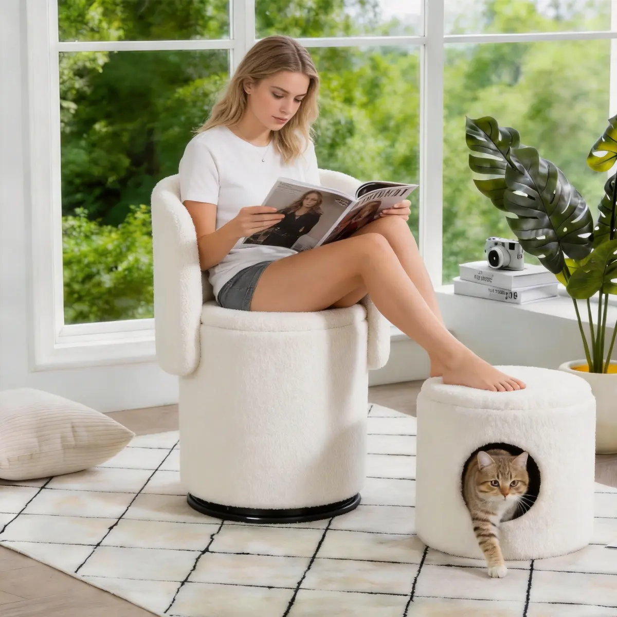 Modern Upholstered Barrel Chair - 360° Rotating Swivel, Fabric/Metal/Teddy Build, Storage Inside, Soft Padded Accent Seat, Free Cat Bed Stool, Vanity Use, Dress & Dine Ready Indoor Furniture Chair