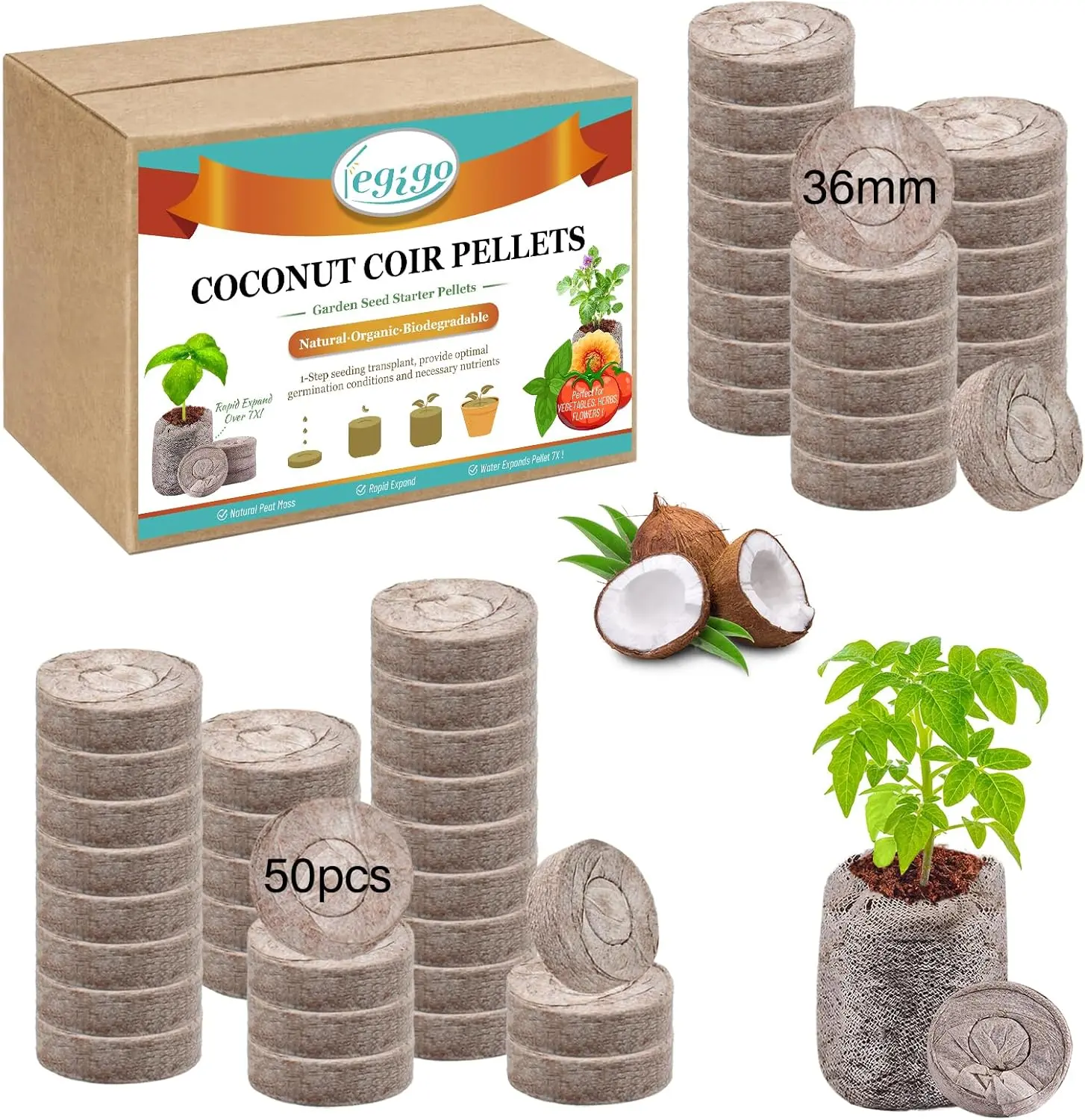 50 PCS 35mm Coco Coir Pellets Seed Starter Pods, Compressed Seed Starting Coir Pellets Soil Plugs for Seedlings, Seeds Plant Starter Pods for Planting Herbs Flowers Vegetables