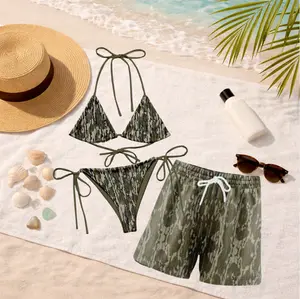 Matching Bottomland Camo Couples Swimwear, Bikini Tie Side Thong & Men’s Beach Shorts Set, Hawaiian Style Swimsuit, His and Hers Beachwear