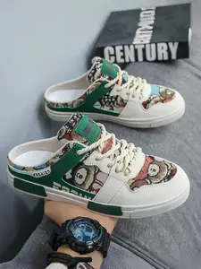 Men's Green-White Bear Print Half-Slip Sneakers: Breathable Mesh, Summer Outdoor Lazy Shoes Footwear
