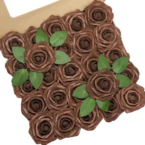 Artificial Flowers, 25pcs Artificial Rose for DIY Wedding Bouquets Centerpieces Arrangements, Brown Foam Roses with Stem for Bridal Shower Home Decorations