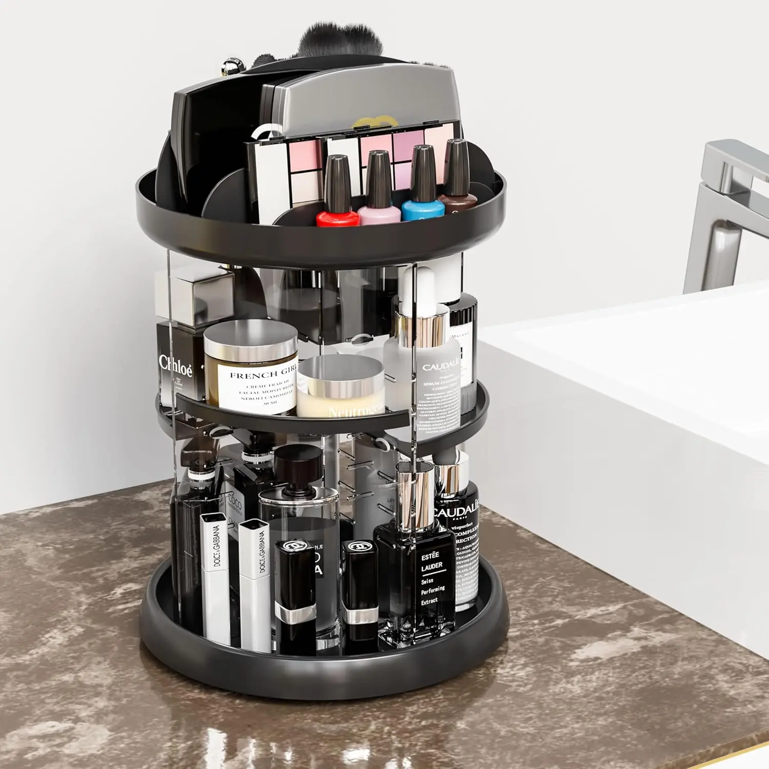 Rotating Make up Organizers for Counter,Adjustable Spinning Organizer for Vanity,Rotating Perfume Organizer,Lazy Susan Bathroom Organizer for Beauty Product,Spin  Care Storage Rack,Black