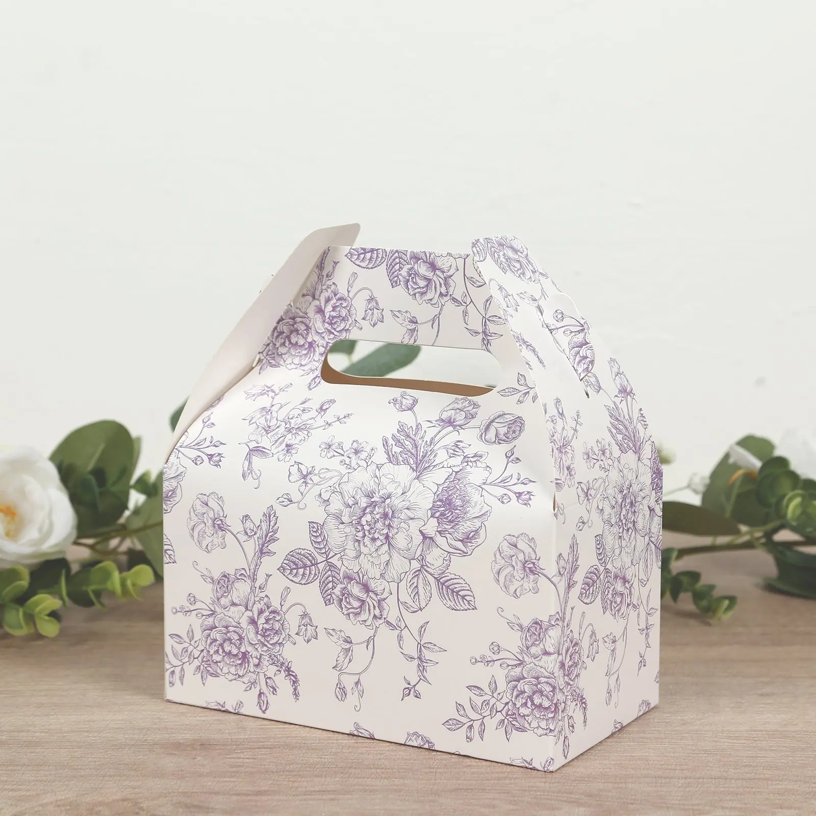 25 Pack Party Favor Gable Boxes in French Toile Pattern - Matte Lavender and White Candy Treat Tote Boxes, Cardstock Paper - 6"x3.5"x7", Gift Container, Gift Packaging Box