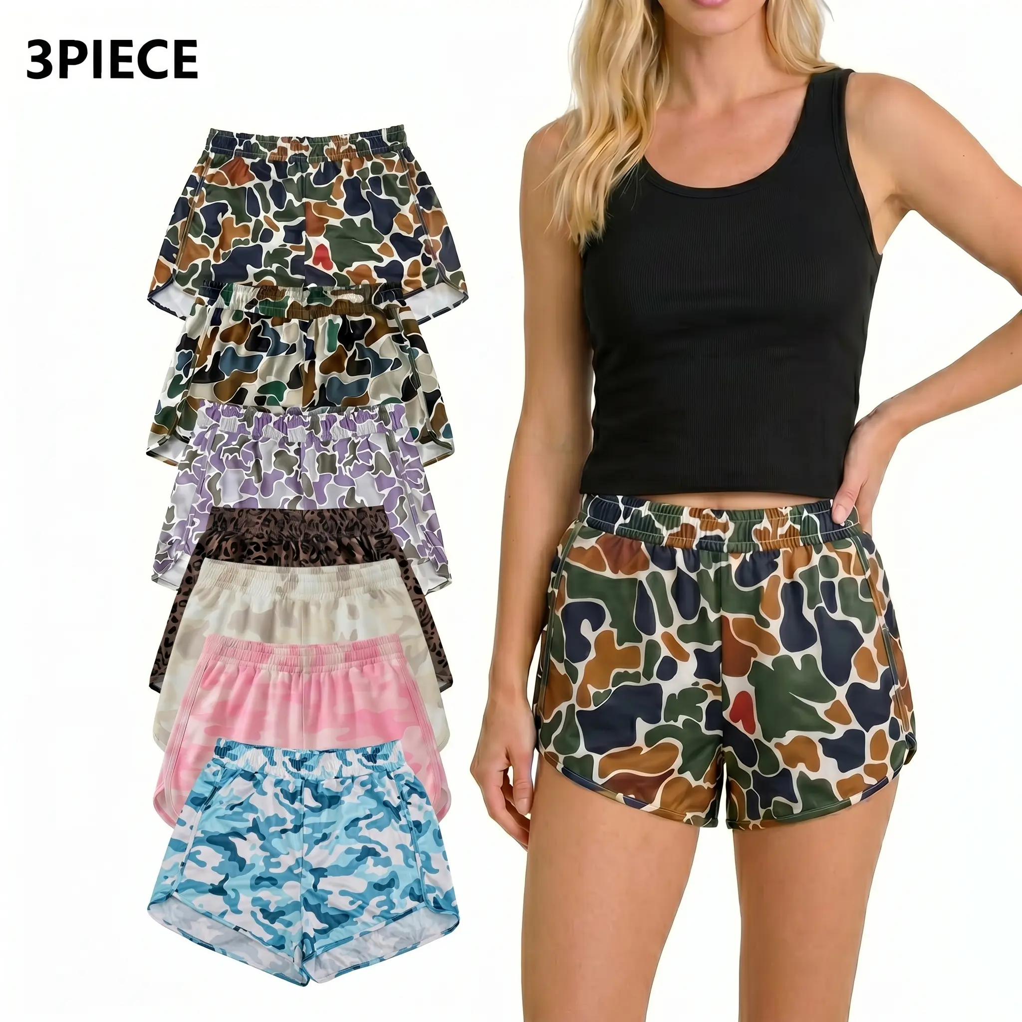 Fashion 3PC Women'sViral Camo Fitted Shorts,Elastic Camo Print,deal Gym, Yoga & Everyday Wear Breathable & Stretchy,Summer Casual Comfortable Daily Wear