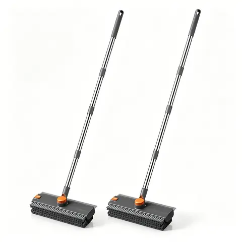 2-in-1 Long-Handled Floor Cleaning Brush with Squeegee - Home Cleaning Tools, Adjustable Length Broom with Foldable Ergonomic Back-Friendly Handle, Thick Bristles, Heavy-Duty Rubber Scraper for Wipe, Tile Cleanup, Bathroom Hard-to-Reach Corners