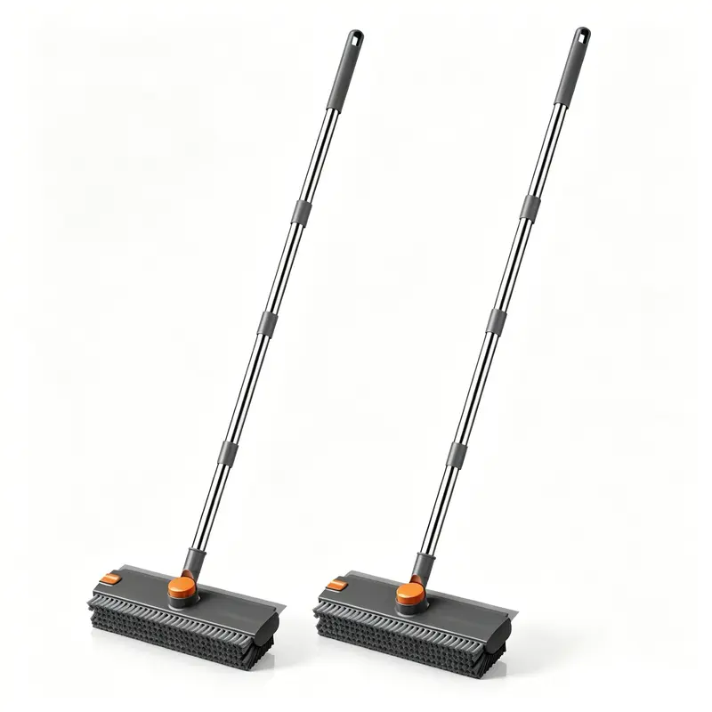 2-in-1 Long-Handled Floor Cleaning Brush with Squeegee - Home Cleaning Tools, Adjustable Length Broom with Foldable Ergonomic Back-Friendly Handle, Thick Bristles, Heavy-Duty Rubber Scraper for Wipe, Tile Cleanup, Bathroom Hard-to-Reach Corners