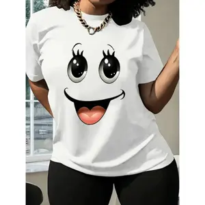 Unisex Cute Cartoon Smiley Face Graphic T-Shirt Big Eyes Tongue Out Funny Design Soft Cotton Short Sleeve Crew Neck Top Casual White Tee For Men Women Kids Trendy Happy Mood Streetwear