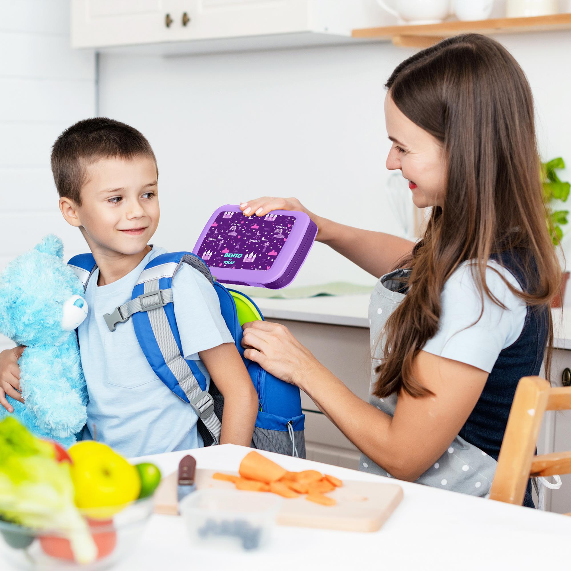 YOLAY Bento Box for Kids Lunch Box Leak-Proof, 5-Compartment Lunch Box Kids for Ages 3-10, Durable with Anti-Slip Base, Suitable for Schools, Outdoor and Travel (Mermaid) (Trucks)