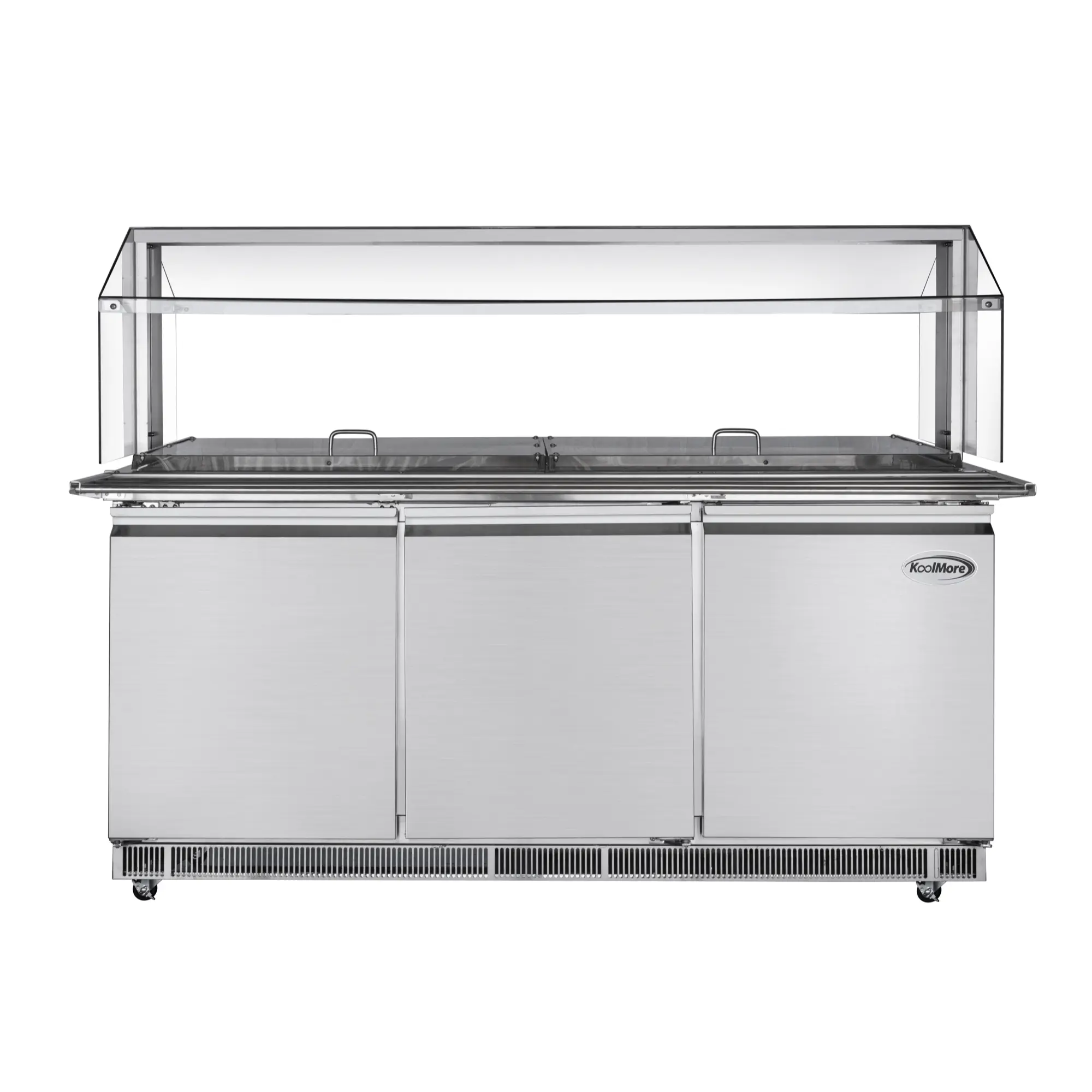 72 in. Commercial Refrigerated Prep Station with Sneeze Guard and Buffet Slide, 15-Pan (Not Included) Capacity and Three Adjustable Shelves in Stainless-Steel, ETL Listed (KM-RBT-72CSFG)