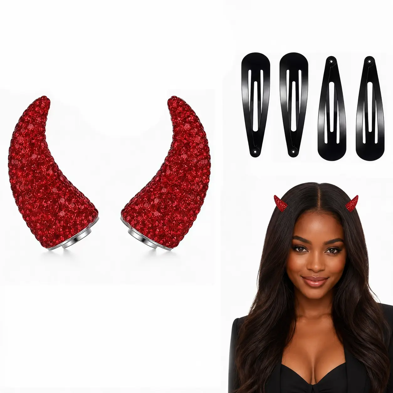 Magnetic Rhinestone Devil Horn Hair Clips, Clip-On Crystal Demon Horns Without Headband, Lightweight Adjustable Costume Hair Accessories for Halloween Cosplay, Parties, Festivals & Carnival