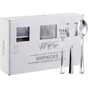 300 count  Plastic Silverware - Plastic Silverware Heavy Duty - 100 Forks 100  100 Spoons - Disposable  Cutlery  for Party/Wedding