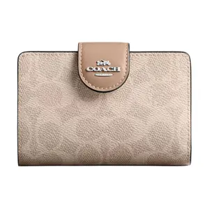 COACH Signature Canvas 13 Logo Snap Closure Leather Wallet for Women in Sand Color