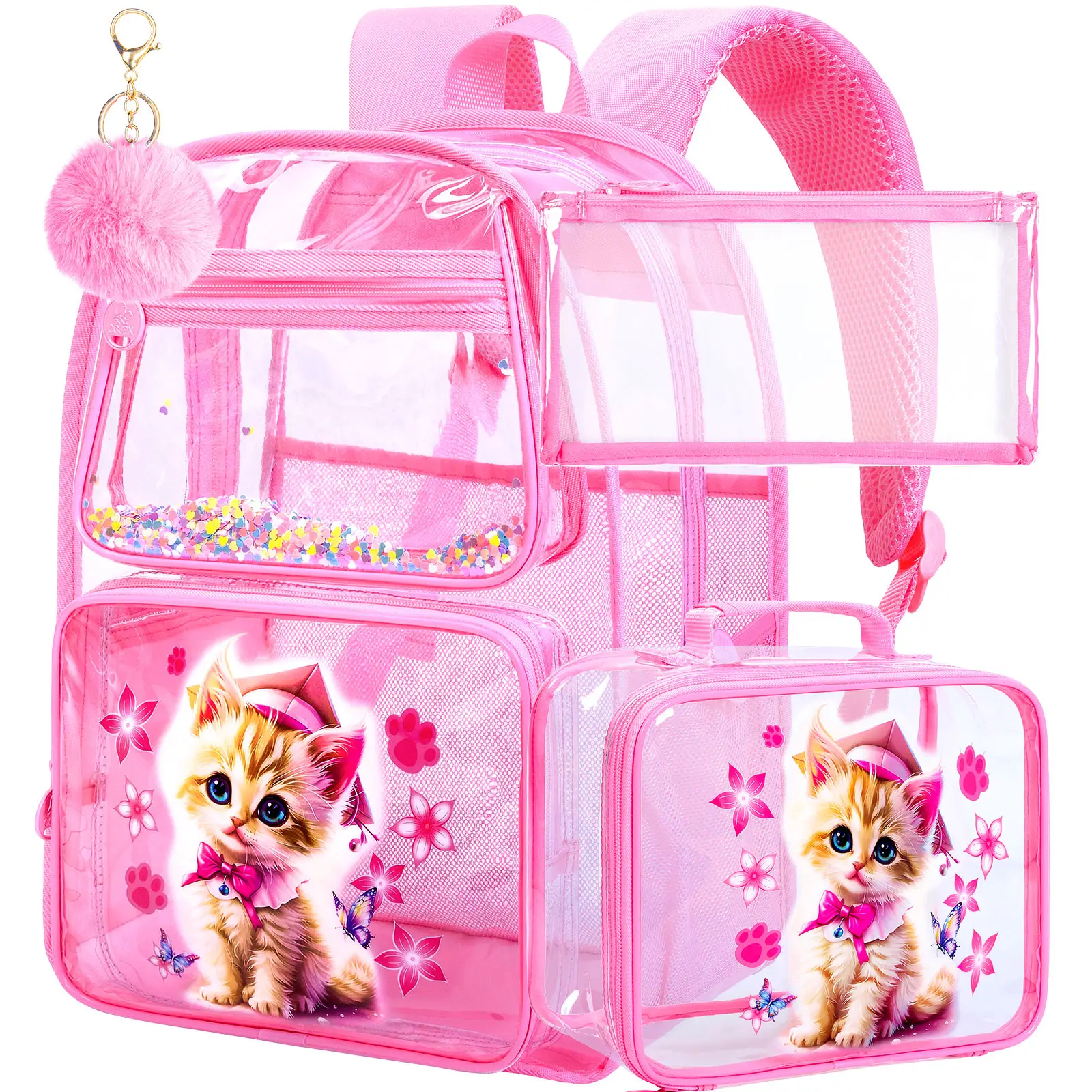3PCS Clear Backpack for Girls, See Through Backpacks for Kids with Lunch Box, Heavy Duty Transparent Bookbag - Cat