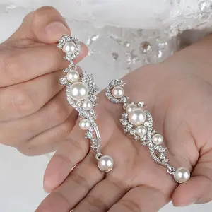 Pair Of Bridal Vine Dangle Earrings Imitation Pearl Silvery Rhinestones Elegant