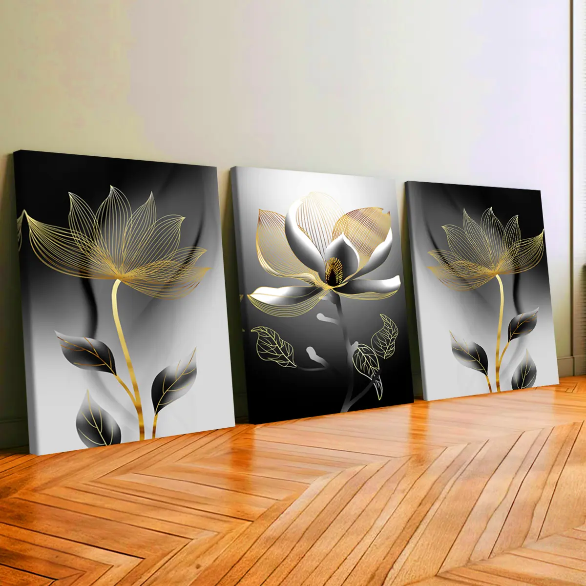 3Pcs Wooden-Framed Canvas Painting Prints - Artistic Gold-Line Magnolia Flower & Leaf Posters, Waterproof Odorless Home Supplies Decoration for Living Room, Bedroom, Kid Room Wall Decoration