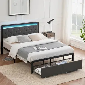 Bed Frame with Headboard LED Lights and 2 Storage Drawers, Linen Upholstered Platform Bed Frame with Storage Underneath, Metal Bedframe Base Beds