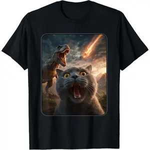 Cat Selfie with T-Rex Dinosaur Funny Cat T Rex Shirt Meme T-Shirt