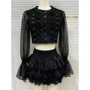 2026 New Women Gothic  Two Piece Set Black Lace Patchwork Tops + Ruffle Mini Skirt Japanese Sweet Vintage Streetwear Outfits