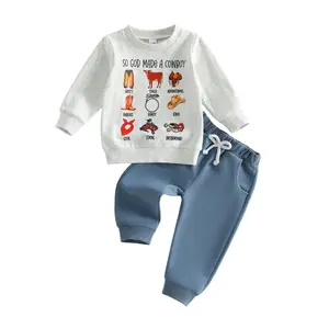 Toddler Baby Little Boy Western Outfits Printed Long Sleeve Sweatshirts and Jogger Pants 2 Piece Winter Fall Set 6M-4T