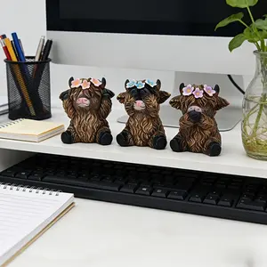 3pcs Resin Highland Cow Statue Ornament Set - 4-Season Design, Classic 3 Wise Monkeys Poses, Home Decor for Living Room-Desk, Ideal Gift for Cow Lovers, Easter-Friendly