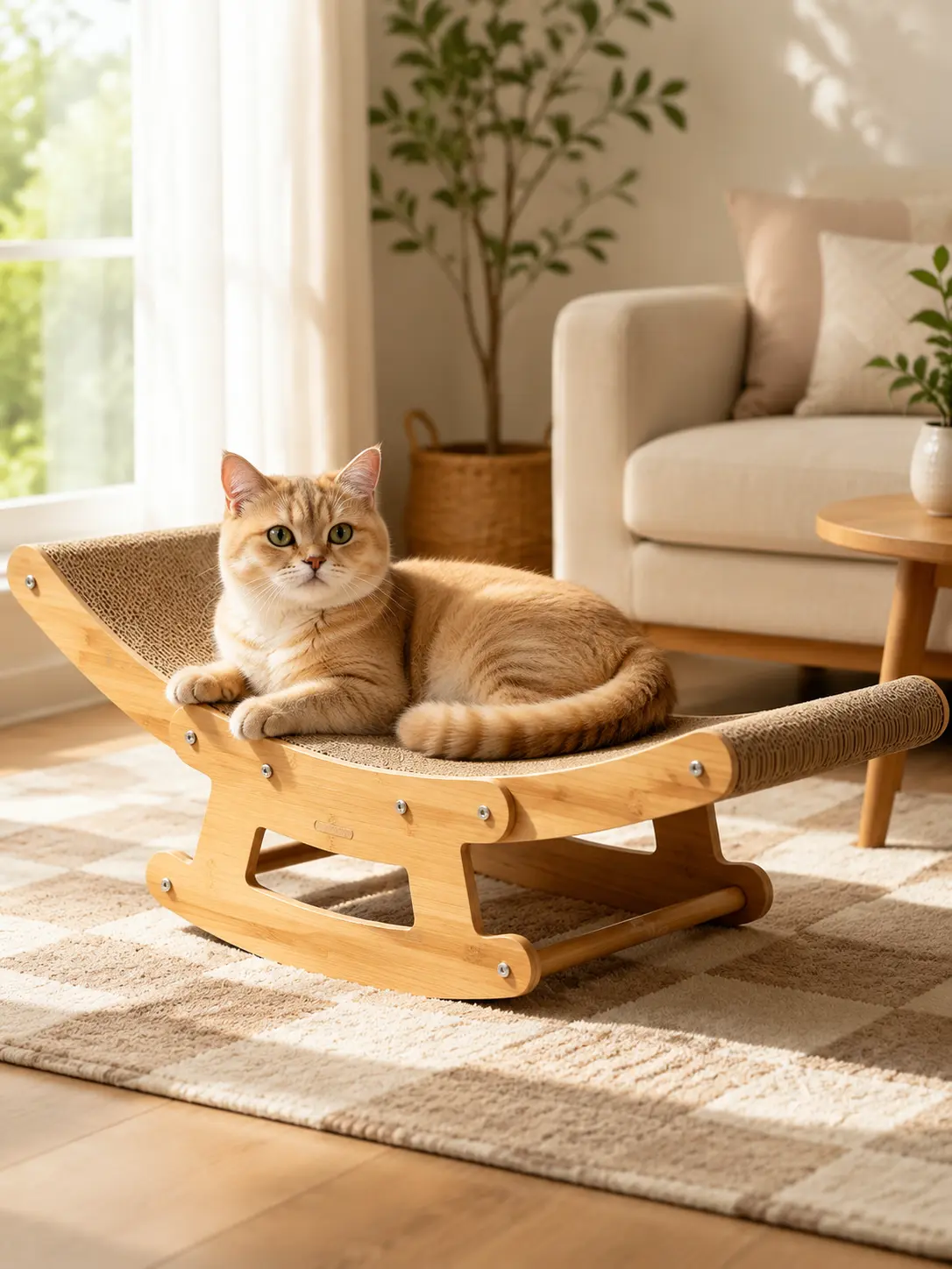 Cat Rocking Chair - Wooden Cat Bed with Textured Surface for Comfortable Relaxation and Playtime
