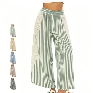 Women's Summer Striped Flare Palazzo Pants Boho High Smocked Waisted Wide Leg Pants with Crochet Detail Flowy Bohemian High Rise Lounge Trousers Trousers with Lace Patchwork