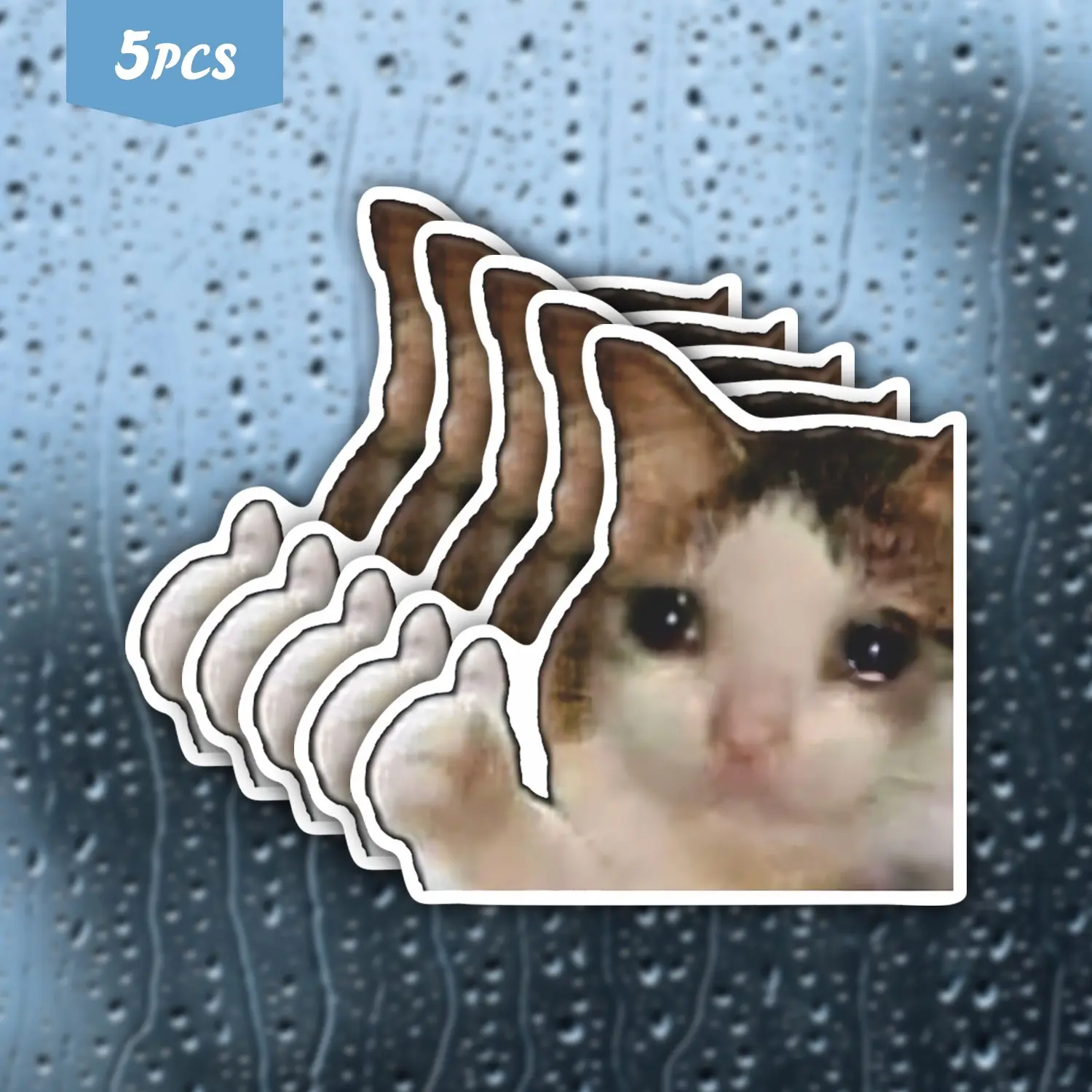 5Pcs Crying Cat Thumbs Up Meme Waterproof Vinyl Sticker, Self-Adhesive Decal, Suitable For Water Bottles, Laptops, Cars, Tablets, Ideal For Meme Fans, Cat Lovers And Playful Personality Seekers