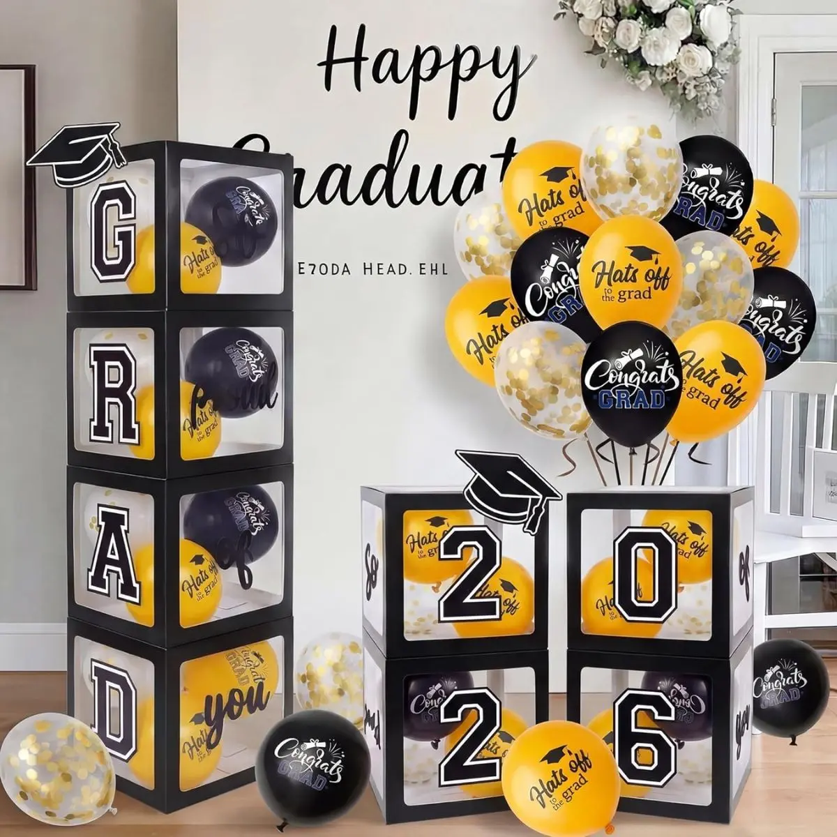 2026 Graduation Decorations Set – 4 Balloon Boxes “2026 Grad & So Proud of You” with 18 Balloons (Black)