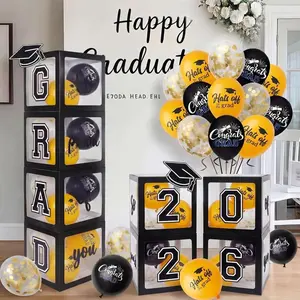 2026 Graduation Decorations Set – 4 Balloon Boxes “2026 Grad & So Proud of You” with 18 Balloons (Black)