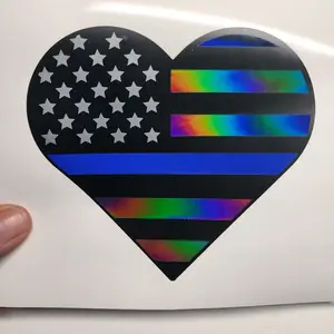 Blue Line Heart Support Decal - 4 Inch Wide Hand Placed Layered Vinyl Sticker with Holographic Stripes for Police Support