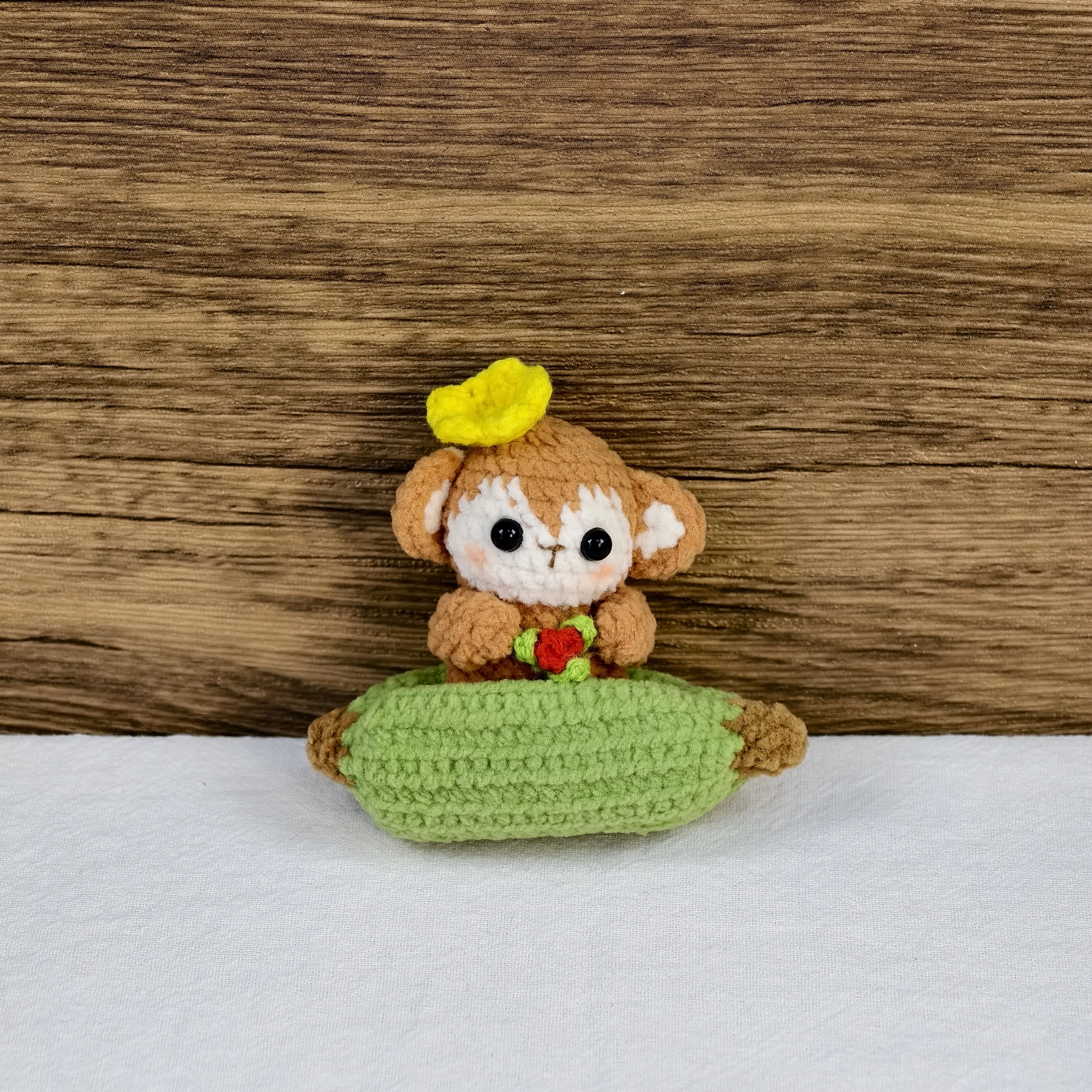 Handmade Amigurumi Crochet Green Monkey Sitting on Fruit Plushie