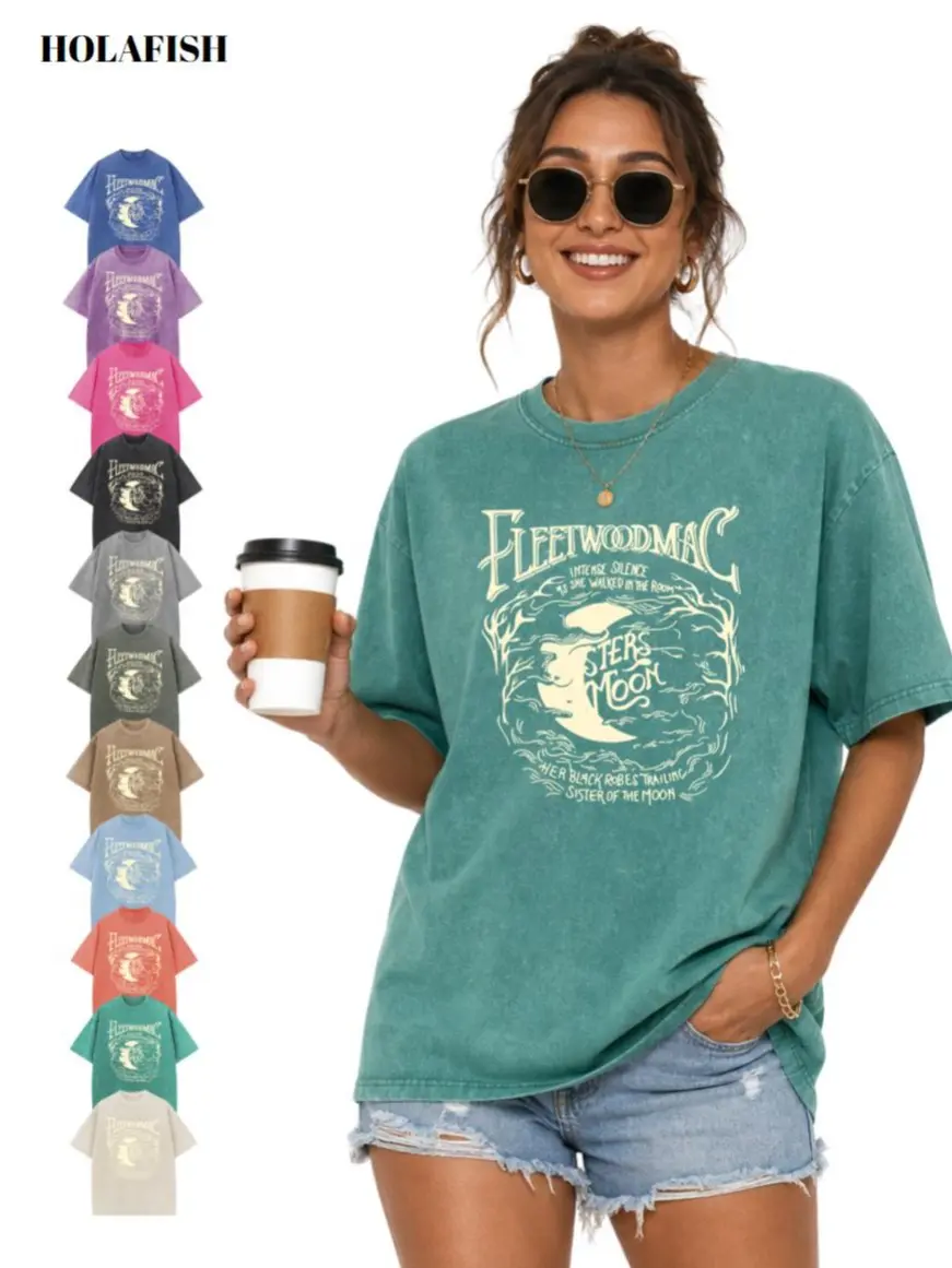 Holafish Acid Wash Vintage Moon Pattern T-Shirt Cotton Streetwear graphic vintage tees Menswear Womenswear Crewneck Tshirt